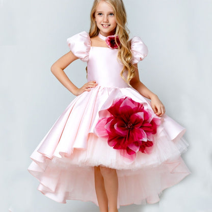 Elegant Square Collar Pink Girl Dress with 3D Flowers Satin Ball Gown J339