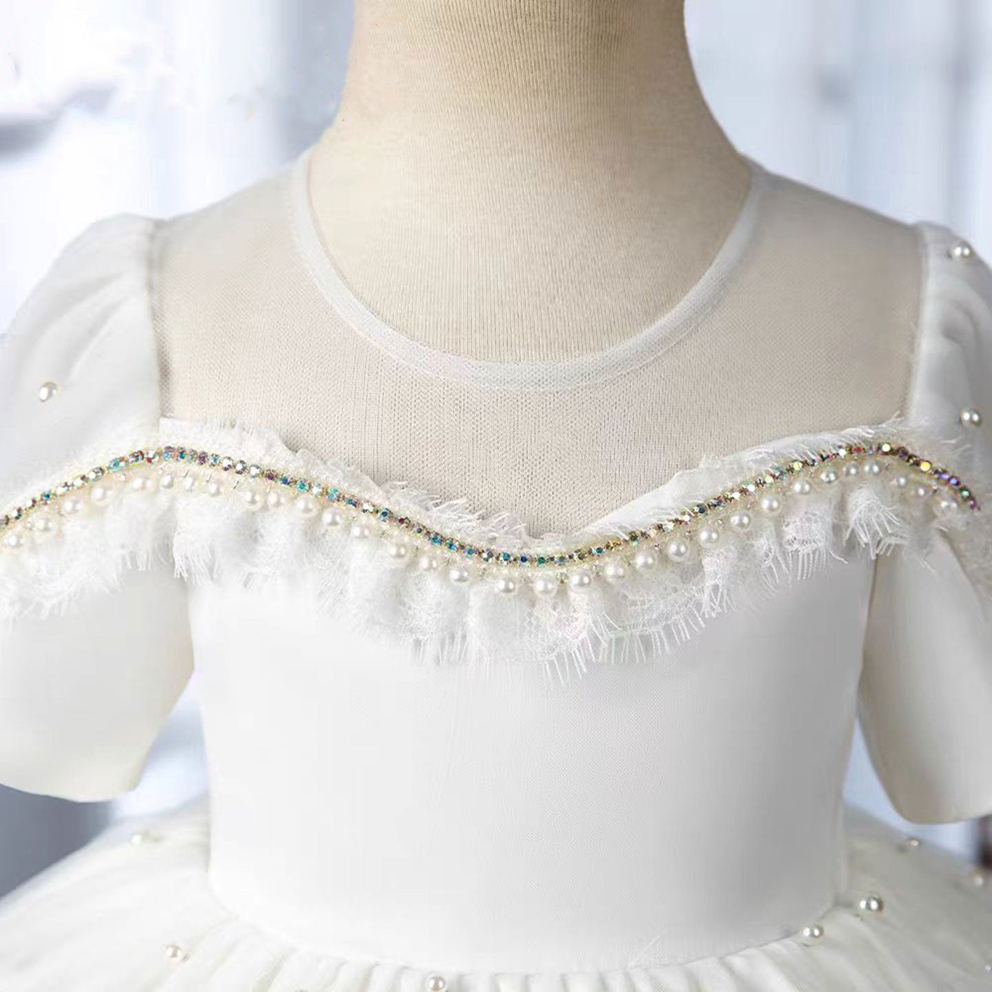 Elegant White Beaded Birthday Girl Dress with Pearls J340