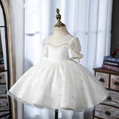 Elegant White Beaded Birthday Girl Dress with Pearls J340