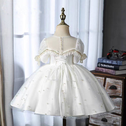 Elegant White Beaded Birthday Girl Dress with Pearls J340