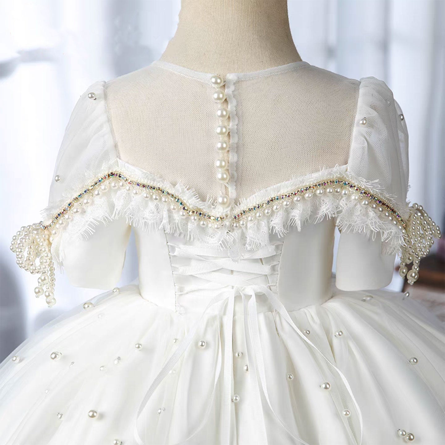 Elegant White Beaded Birthday Girl Dress with Pearls J340