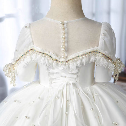 Elegant White Beaded Birthday Girl Dress with Pearls J340