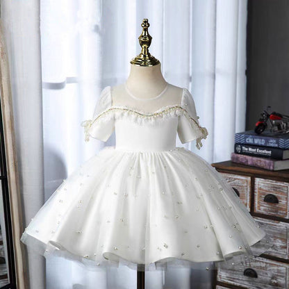 Elegant White Beaded Birthday Girl Dress with Pearls J340