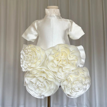 Elegant White Dubai Girl Dress 3D Flowers Arabric Princess Kids J166