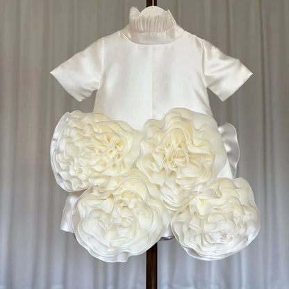 Elegant White Dubai Girl Dress 3D Flowers Arabric Princess Kids J166
