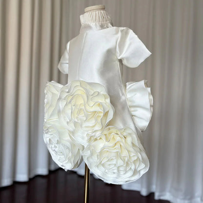Elegant White Dubai Girl Dress 3D Flowers Arabric Princess Kids J166