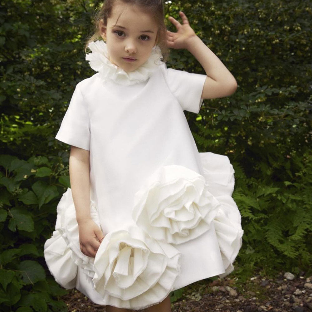 Elegant White Dubai Girl Dress 3D Flowers Arabric Princess Kids J166