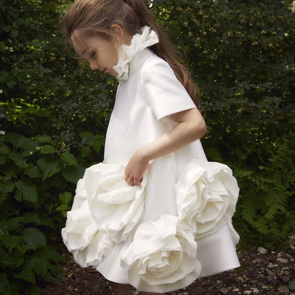 Elegant White Dubai Girl Dress 3D Flowers Arabric Princess Kids J166