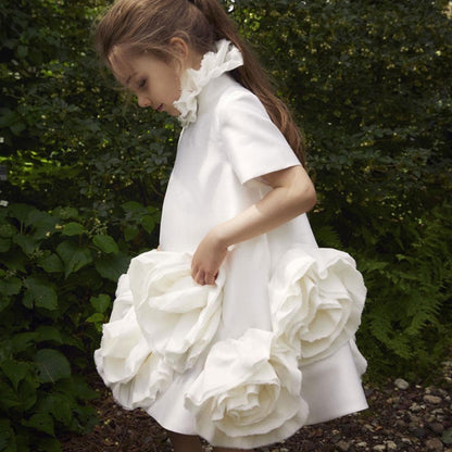 Elegant White Dubai Girl Dress 3D Flowers Arabric Princess Kids J166