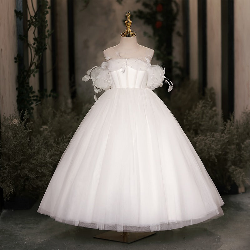 Elegant White Dubai Girl Dress Pearls Feathers Long Ball Prom Gown J149