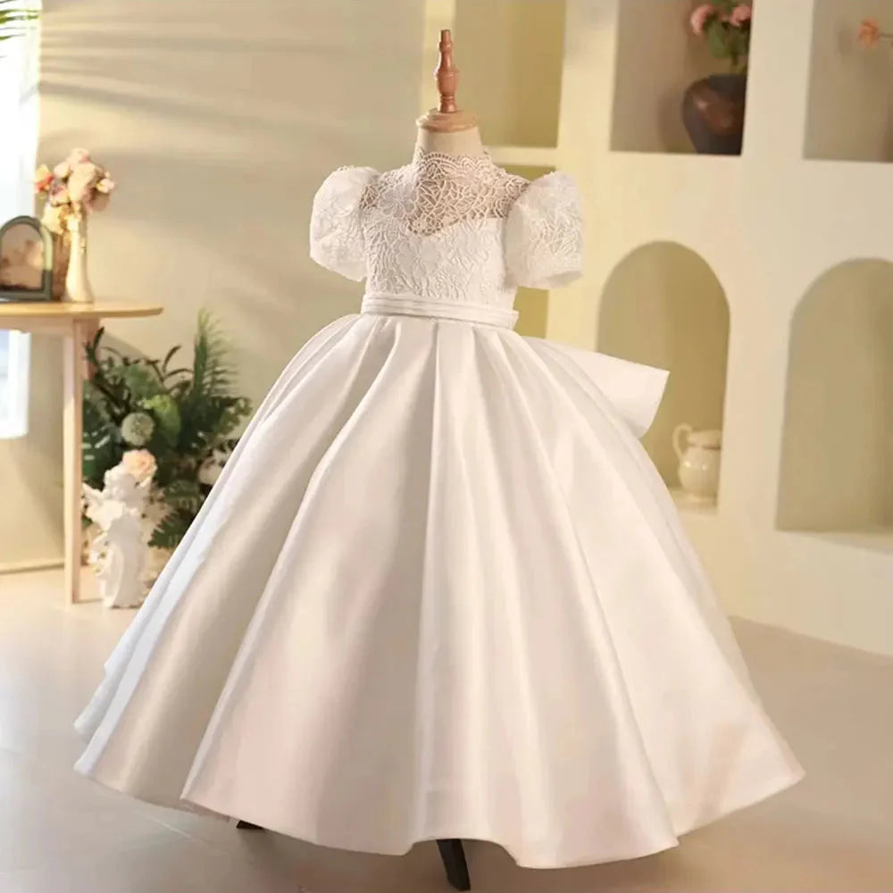Elegant White Flower Girl Dress Satin Dubai Kids Princess J215