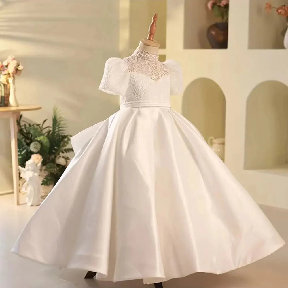Elegant White Flower Girl Dress Satin Dubai Kids Princess J215