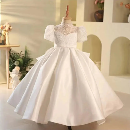 Elegant White Flower Girl Dress Satin Dubai Kids Princess J215