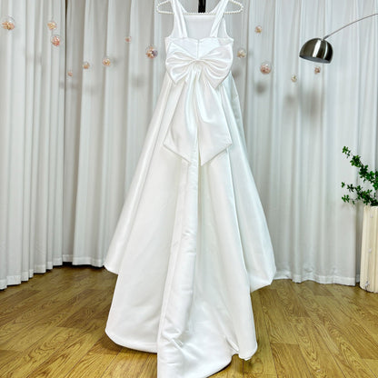 Elegant White Flower Girl Dress with Bow Satin Ball Gown for Kids J205