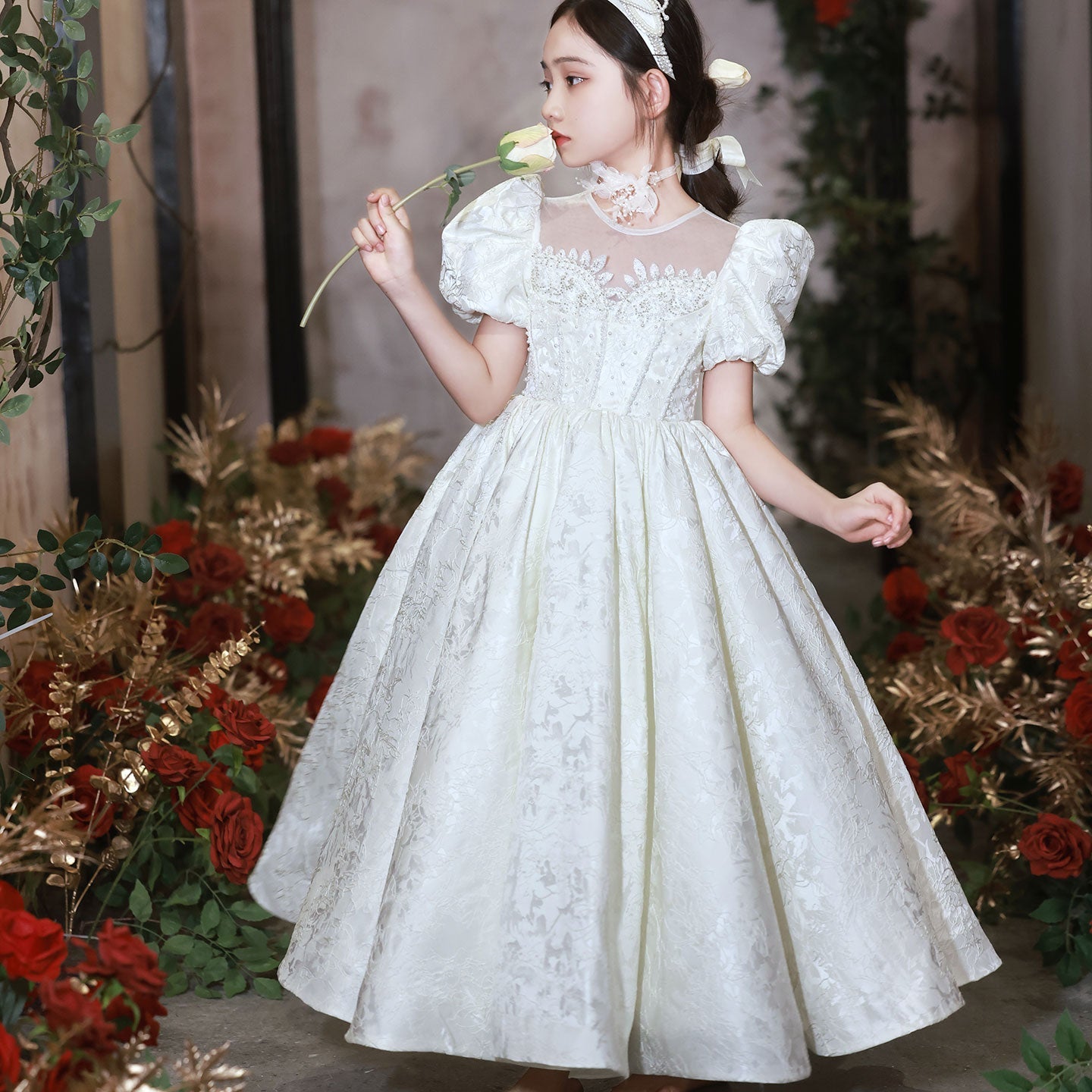 Elegant White Flower Girl Dresses Luxury Beading Puff Sleeve J092