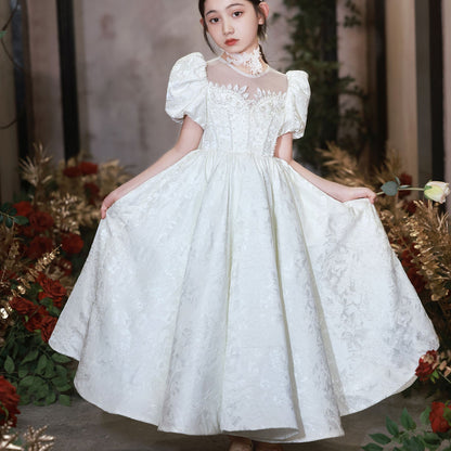 Elegant White Flower Girl Dresses Luxury Beading Puff Sleeve J092
