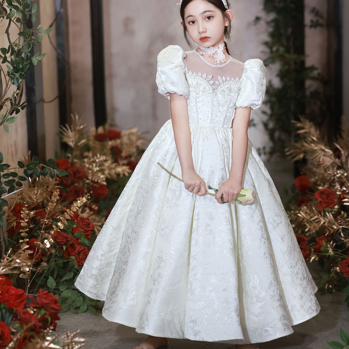 Elegant White Flower Girl Dresses Luxury Beading Puff Sleeve J092