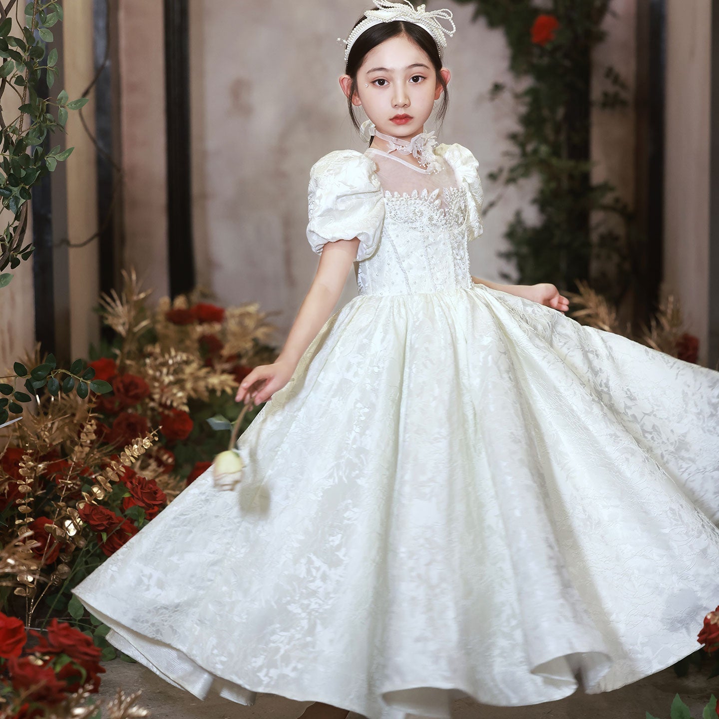Elegant White Flower Girl Dresses Luxury Beading Puff Sleeve J092