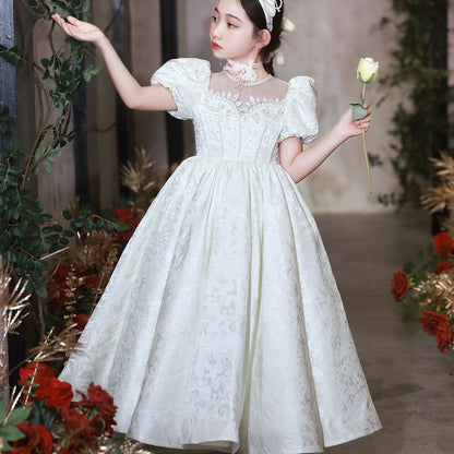 Elegant White Flower Girl Dresses Luxury Beading Puff Sleeve J092
