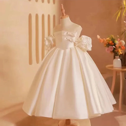Elegant White Girl Dress Bow Satin Arabic Princess J250