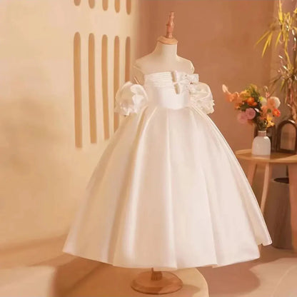 Elegant White Girl Dress Bow Satin Arabic Princess J250