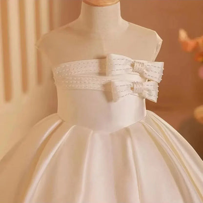 Elegant White Girl Dress Bow Satin Arabic Princess J250