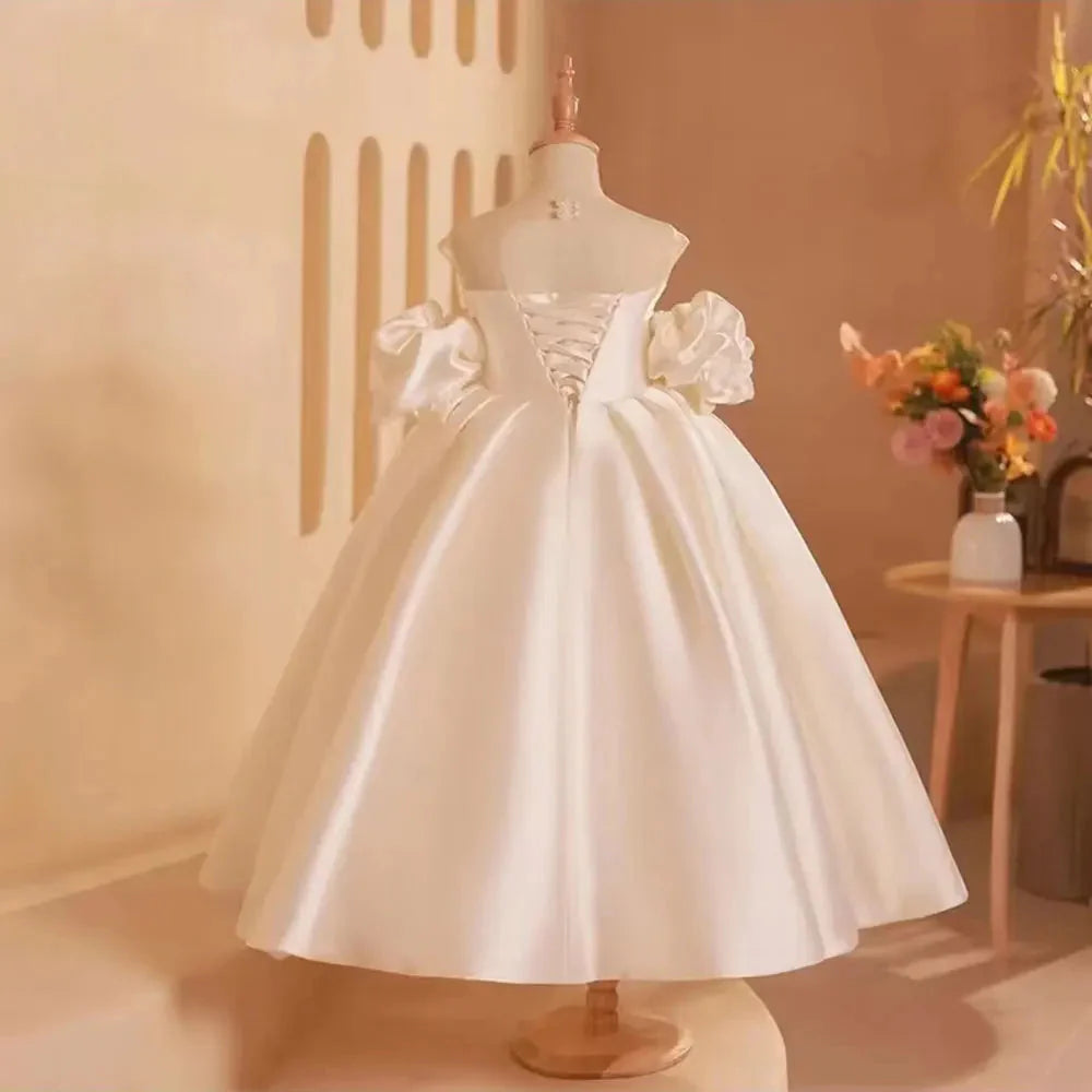 Elegant White Girl Dress Bow Satin Arabic Princess J250