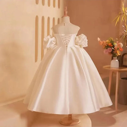 Elegant White Girl Dress Bow Satin Arabic Princess J250