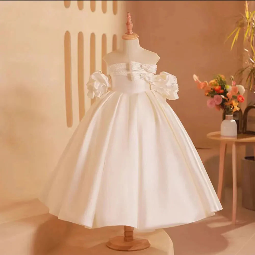 Elegant White Girl Dress Bow Satin Arabic Princess J250