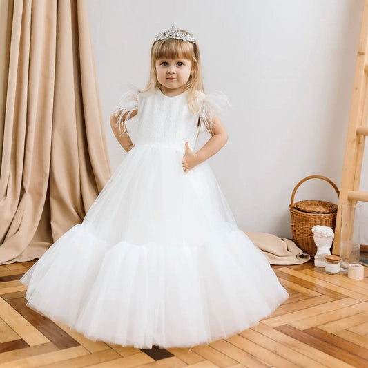 Elegant White Girl Dress Feathers Princess White Gown for Kids J169
