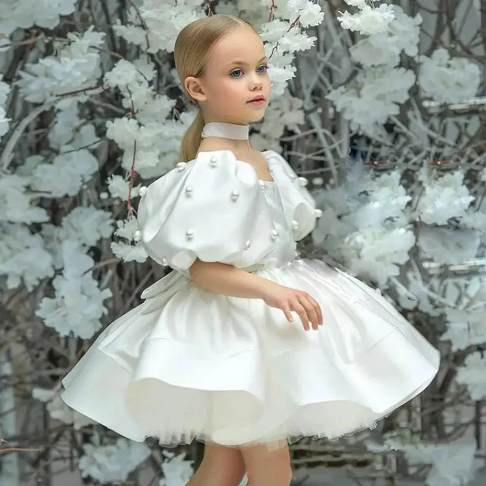 Elegant White Girl Dress Pearls Princess Baby Kids Gown J305