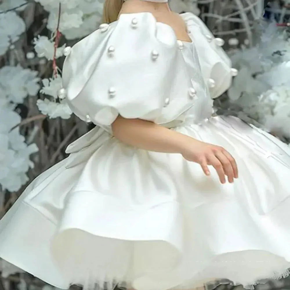 Elegant White Girl Dress Pearls Princess Baby Kids Gown J305