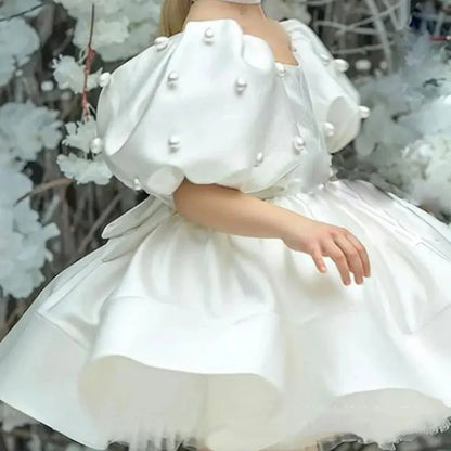 Elegant White Girl Dress Pearls Princess Baby Kids Gown J305