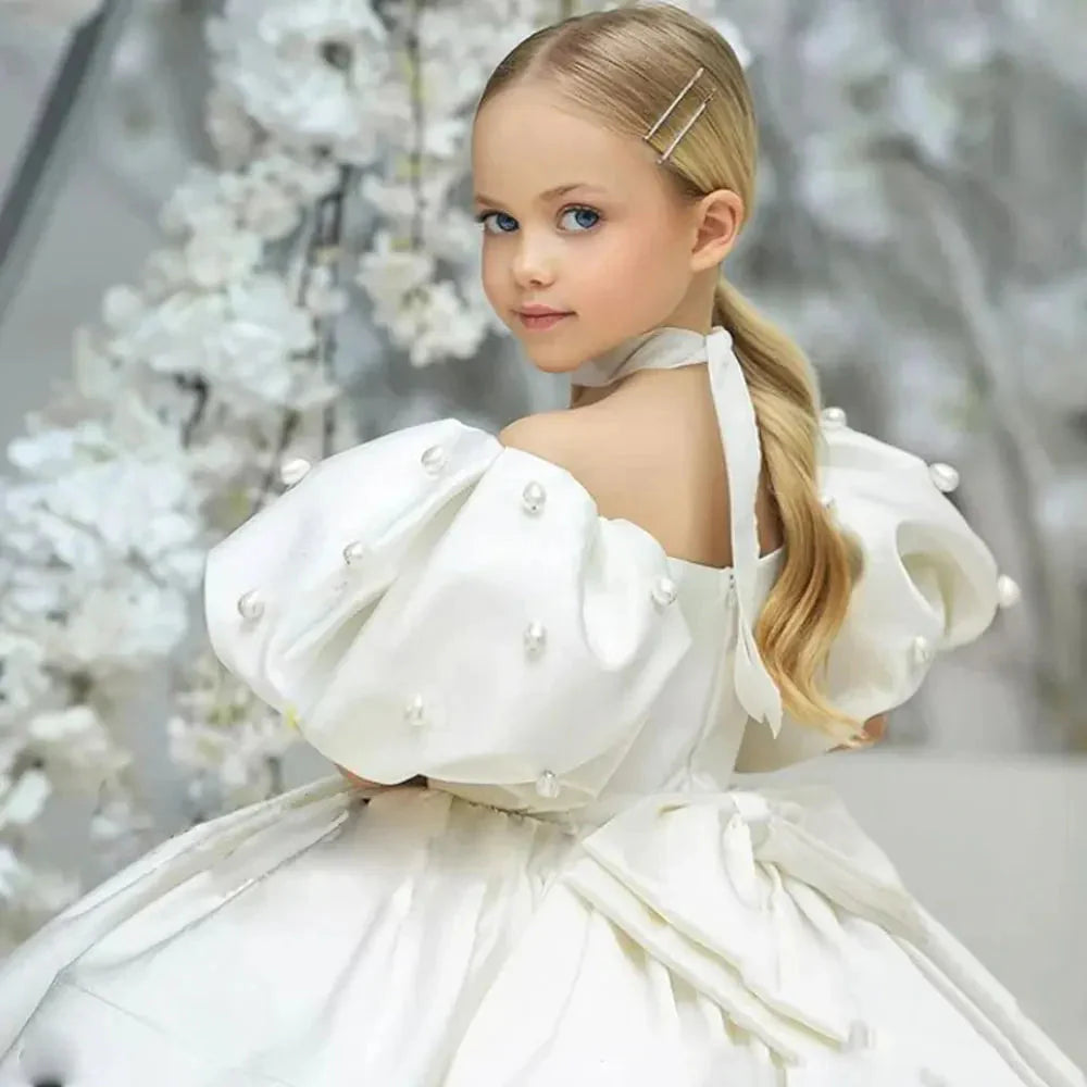 Elegant White Girl Dress Pearls Princess Baby Kids Gown J305