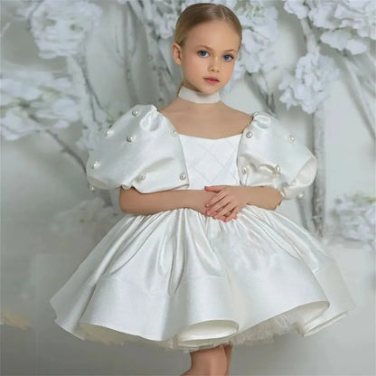 Elegant White Girl Dress Pearls Princess Baby Kids Gown J305
