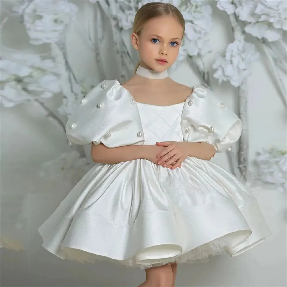 Elegant White Girl Dress Pearls Princess Baby Kids Gown J305