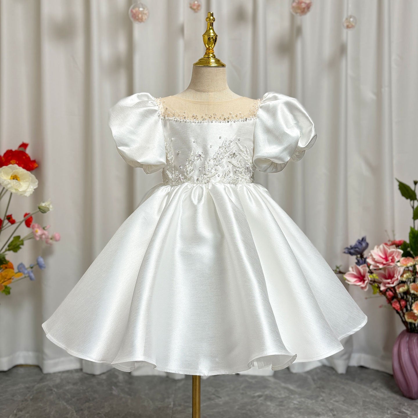 Elegant White Girl Dress Sequined Beading Princess Gown for Kids J256