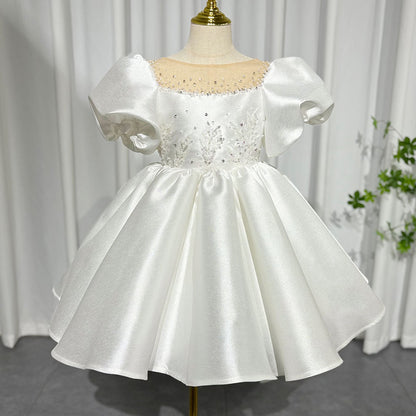 Elegant White Girl Dress Sequined Beading Princess Gown for Kids J256