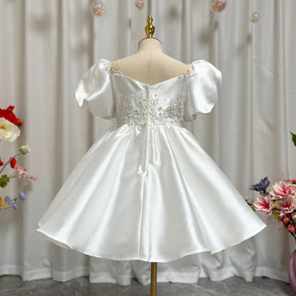 Elegant White Girl Dress Sequined Beading Princess Gown for Kids J256
