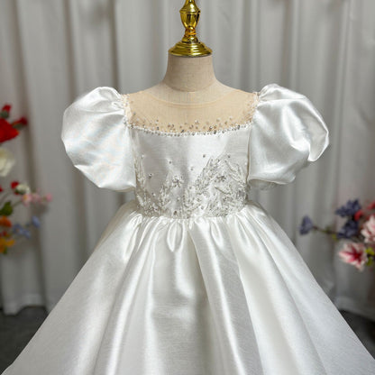 Elegant White Girl Dress Sequined Beading Princess Gown for Kids J256