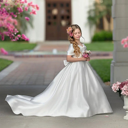 Elegant White Satin Girl Dress for First Communion J019
