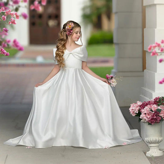 Elegant White Satin Girl Dress for First Communion J019