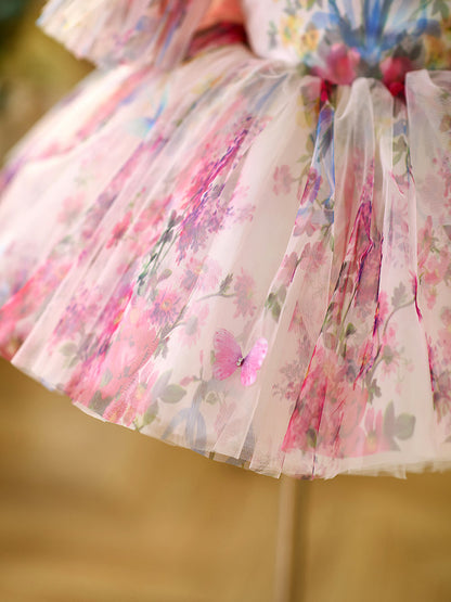 Floral Puffy Sleeve Knee Length Adorable Baby Birthday Girl Dress J052