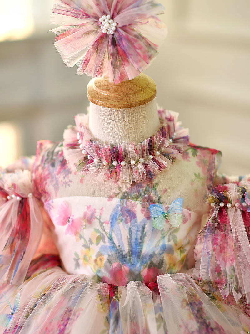 Floral Puffy Sleeve Knee Length Adorable Baby Birthday Girl Dress J052