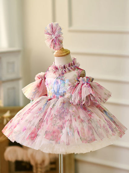 Floral Puffy Sleeve Knee Length Adorable Baby Birthday Girl Dress J052