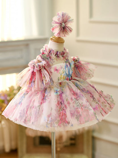 Floral Puffy Sleeve Knee Length Adorable Baby Birthday Girl Dress J052