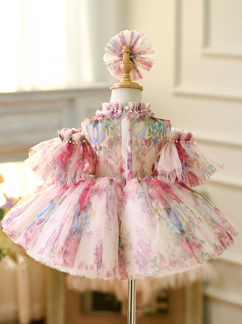 Floral Puffy Sleeve Knee Length Adorable Baby Birthday Girl Dress J052