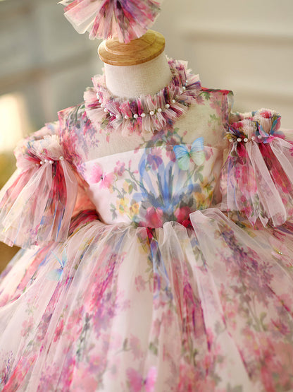 Floral Puffy Sleeve Knee Length Adorable Baby Birthday Girl Dress J052