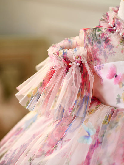 Floral Puffy Sleeve Knee Length Adorable Baby Birthday Girl Dress J052