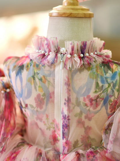 Floral Puffy Sleeve Knee Length Adorable Baby Birthday Girl Dress J052